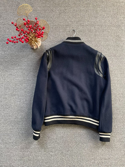 Saint Laurent Navy Wool Leather Sleeve Jacket