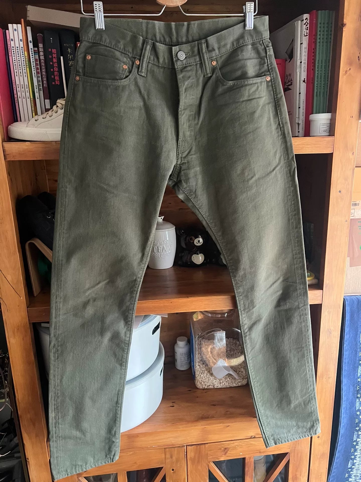 military green denim pants from Pure Blue Japan