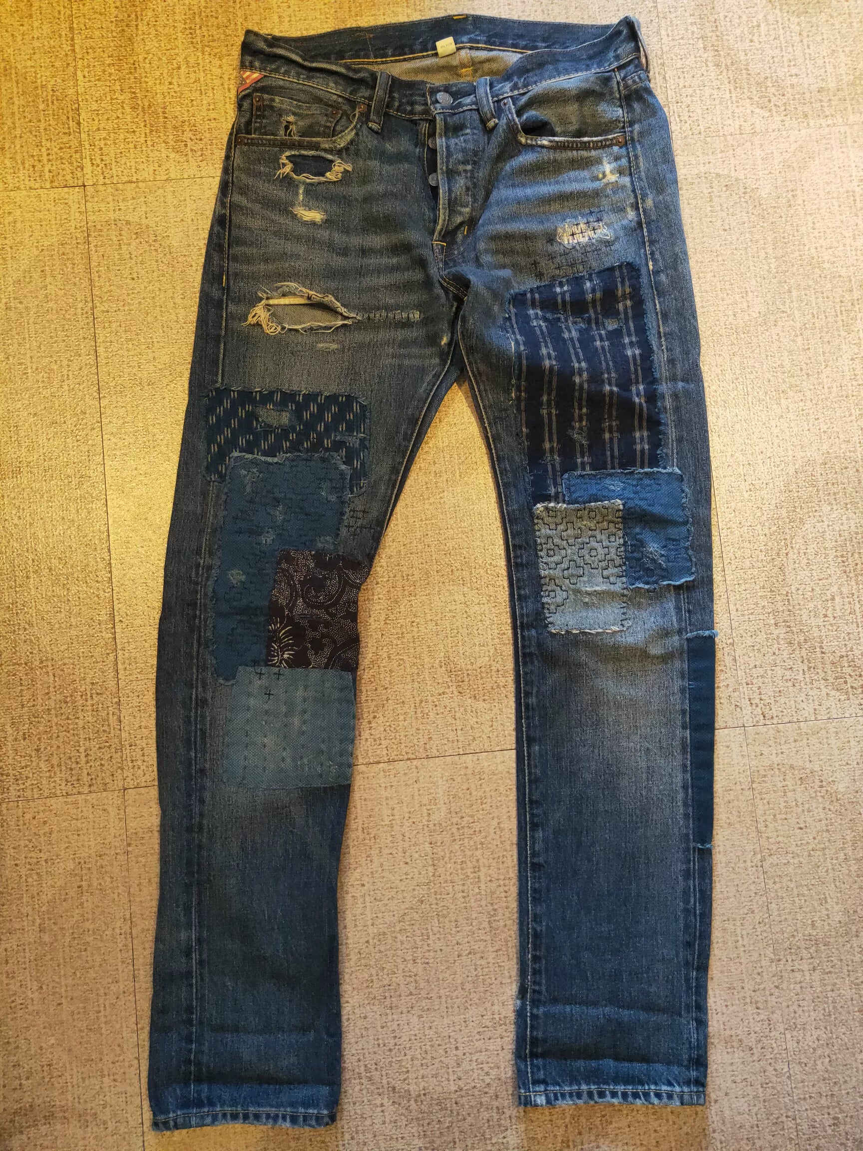 RRL Distressed Art Patch Jeans