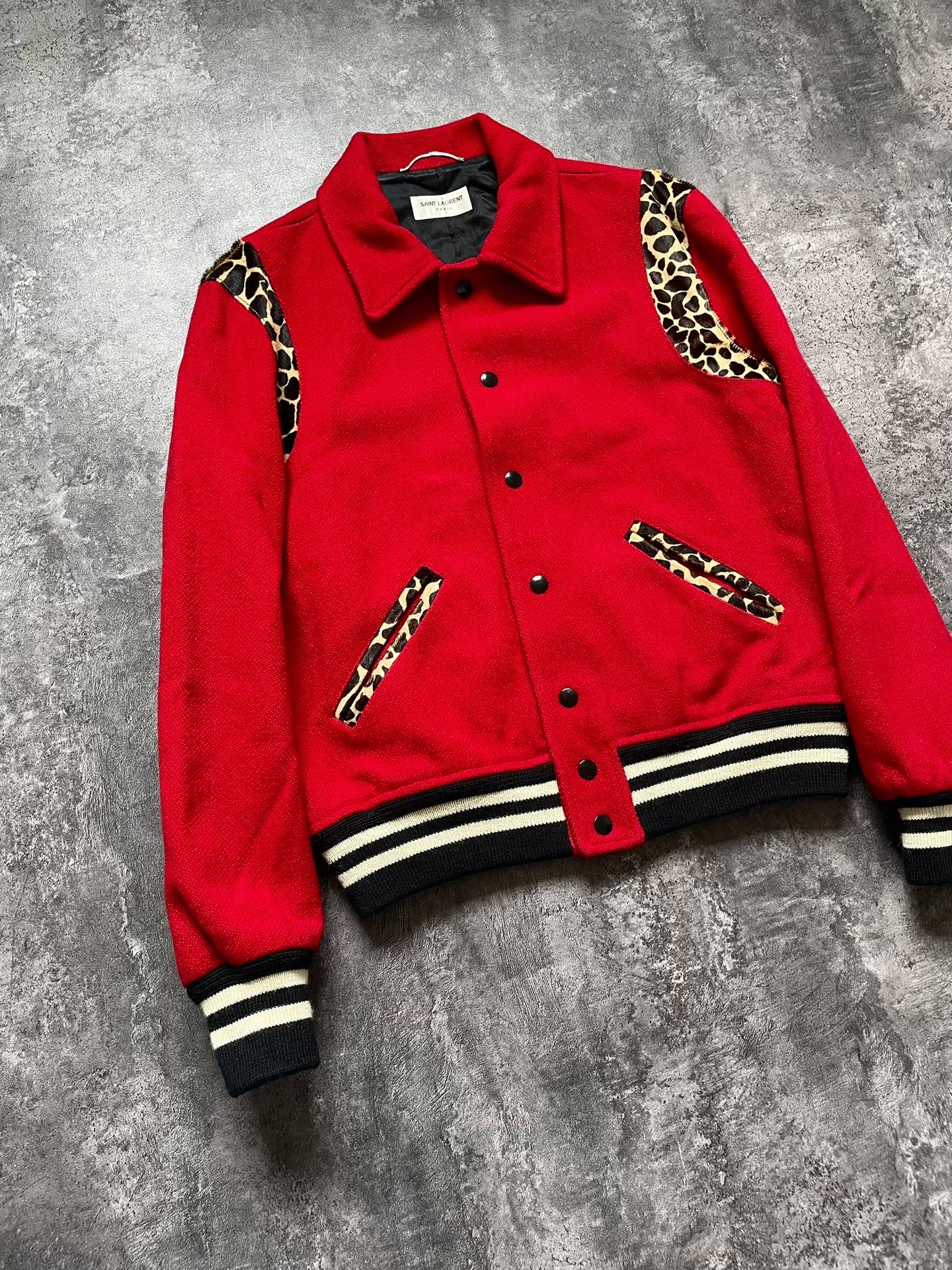 Saint Laurent Red Leopard Varsity Jacket