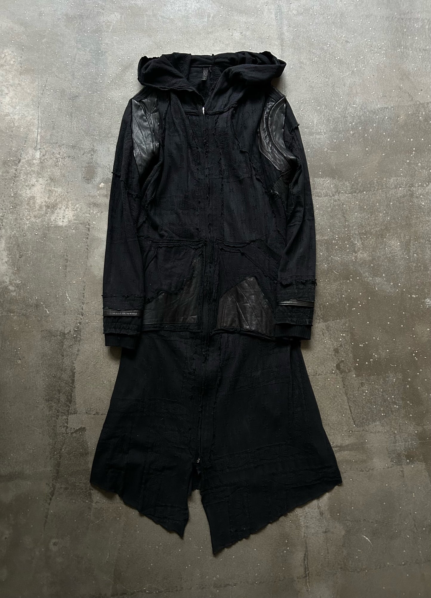 black patchwork hooded outerwear jacket