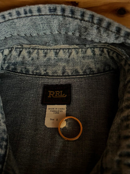 rrl distressed denim long sleeve shirt