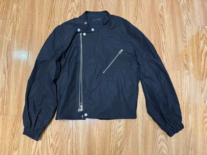 black bomber jacket with diagonal zipper