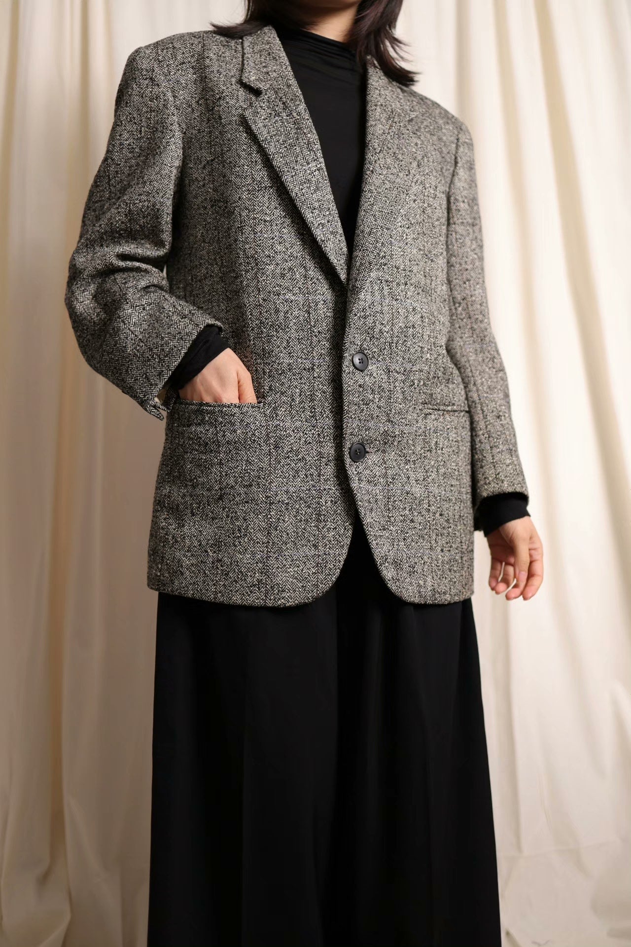 YSL Gray Herringbone Wool Suit Blazer