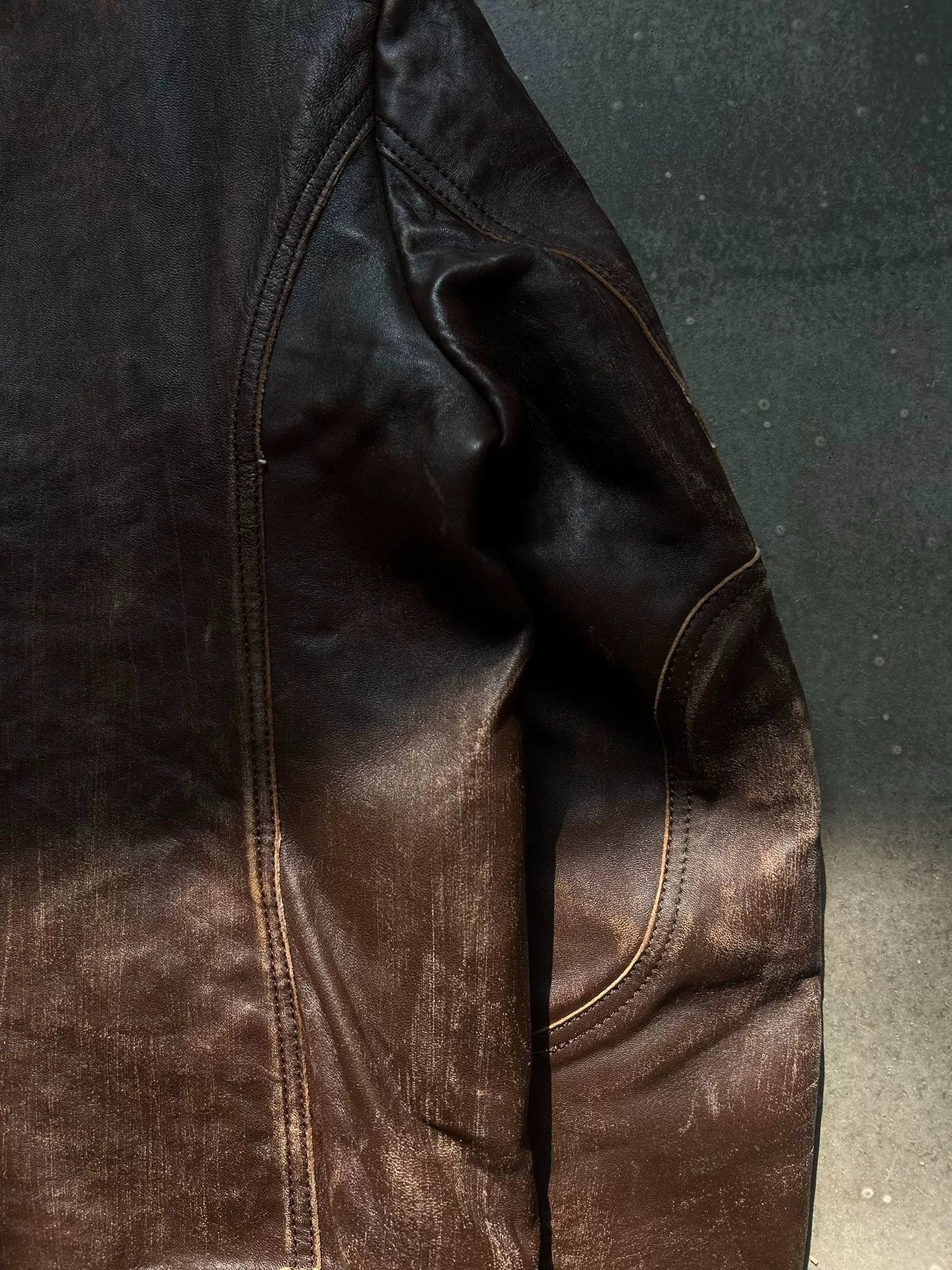 distressed leather jacket with four pockets