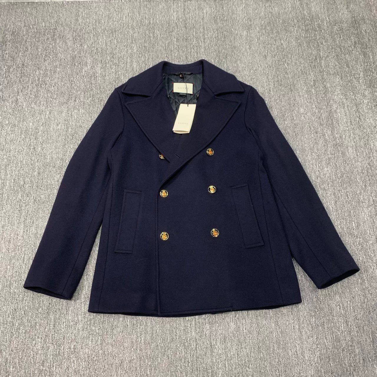 navy double-breasted wool coat by Gucci