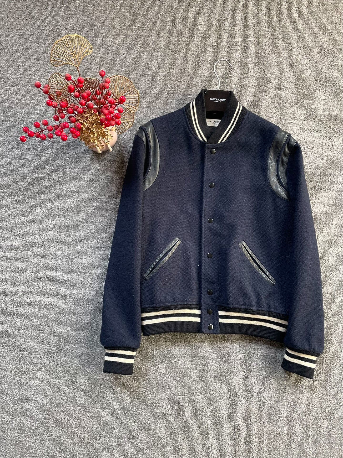 Saint Laurent Navy Wool Leather Sleeve Jacket