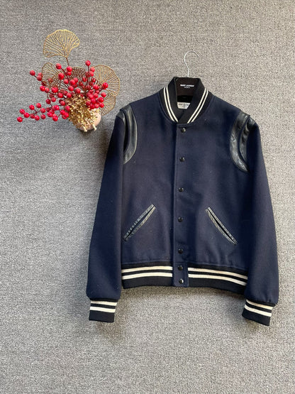 Saint Laurent Navy Wool Leather Sleeve Jacket