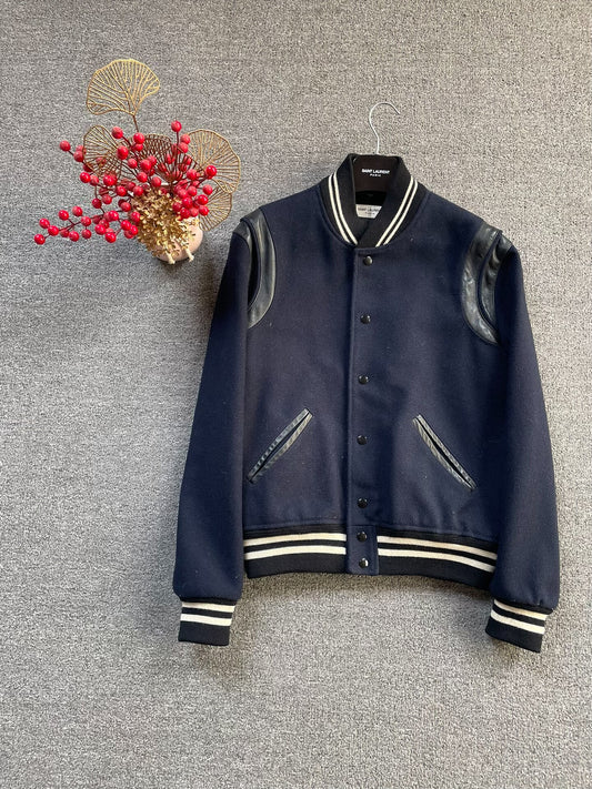 Saint Laurent Navy Wool Leather Sleeve Jacket