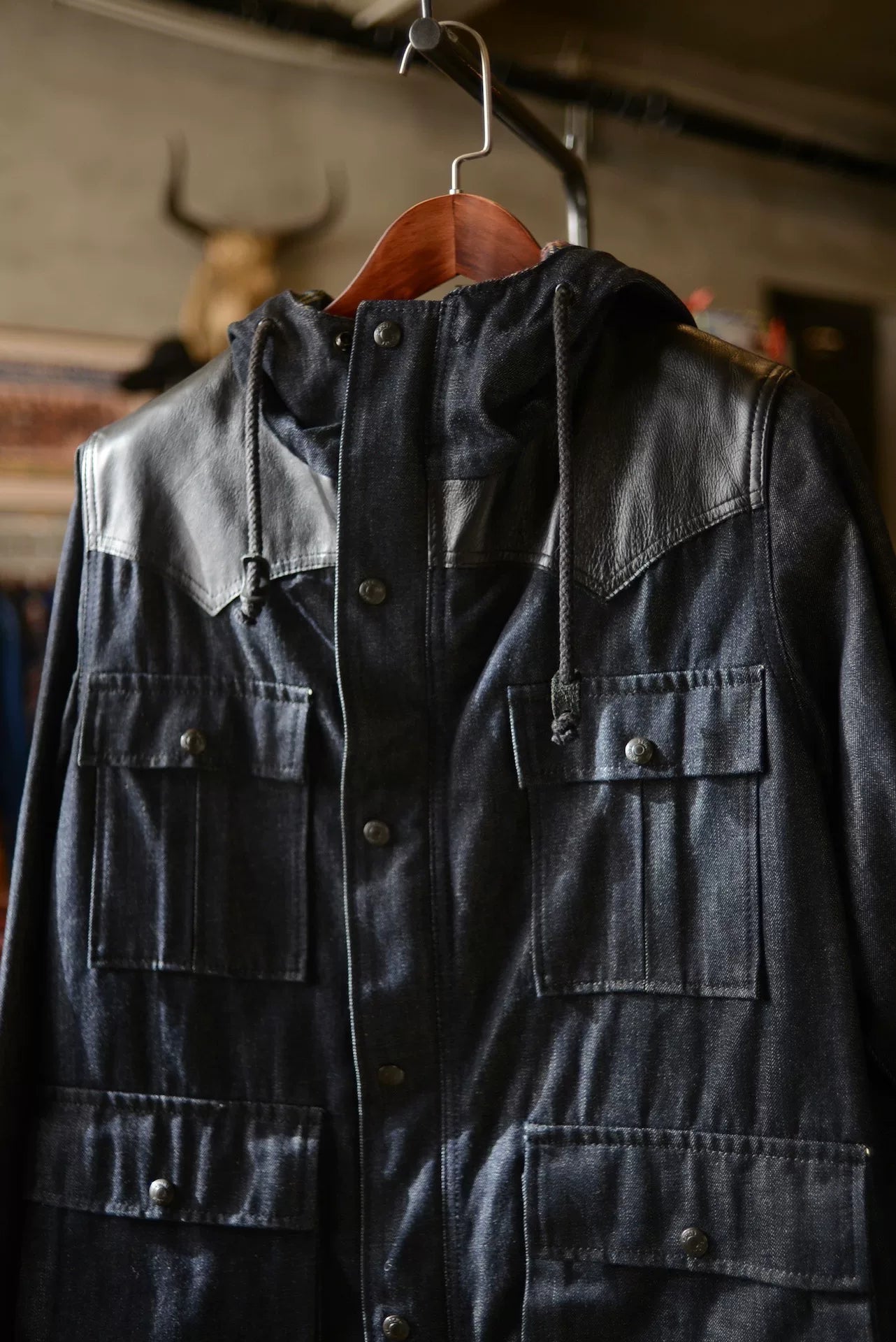 Schott Patchwork Leather Padded Denim Jacket