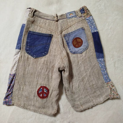 handmade patchwork cotton-linen shorts