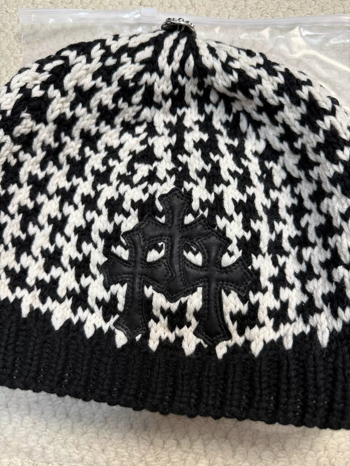 Chrome Hearts Cross Leather Patch Houndstooth Cashmere Beanie