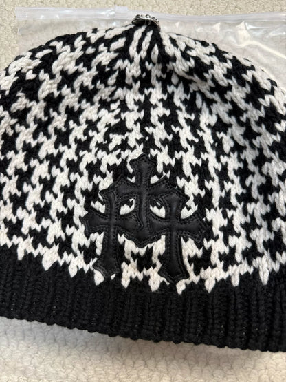 Chrome Hearts Cross Leather Patch Houndstooth Cashmere Beanie