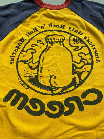 yellow blue graphic tee with 3/4 sleeves