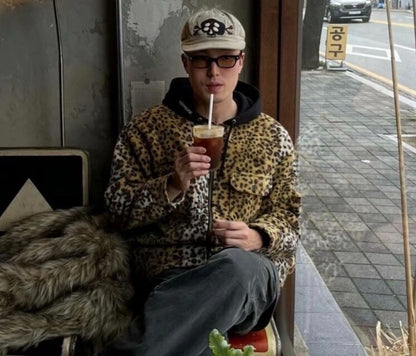 supreme leopard fleece zip up hooded jacket