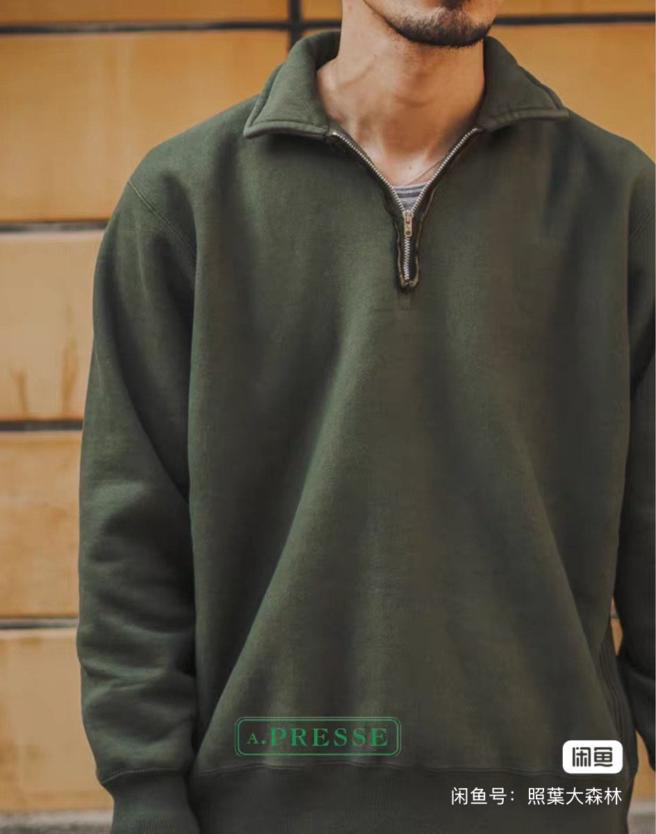 vintage half zip sweatshirt in olive green