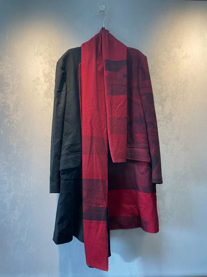 yohji yamamoto red black coat and scarf