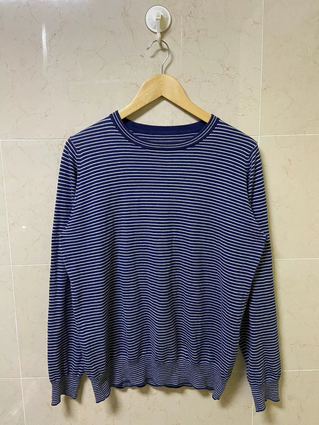 navy striped crewneck sweater for casual wear