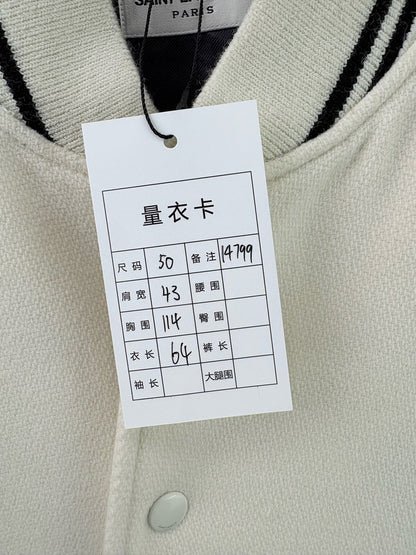 Saint Laurent White Leather Sleeves Baseball Jacket