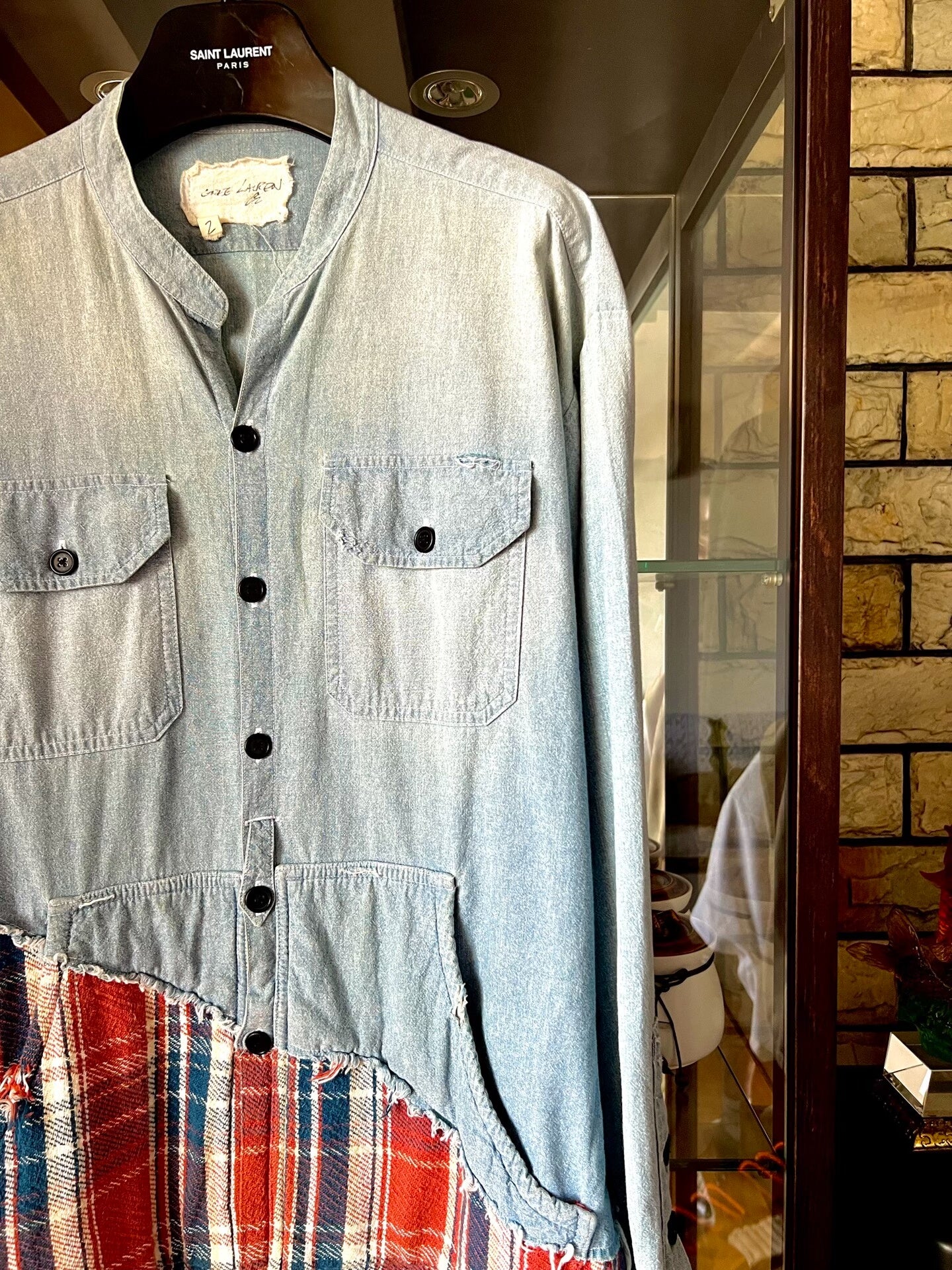 blue orange denim flannel henley shirt