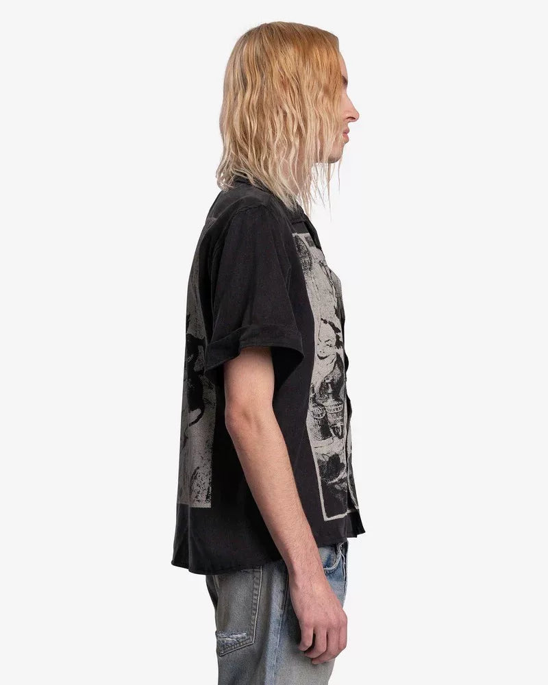 black and white graphic short sleeve shirt