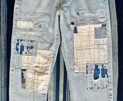 handmade patchwork denim pants by kuro