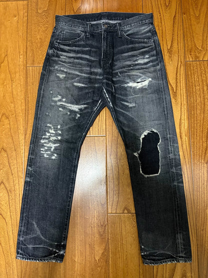 sequel fragment denim pants with distressing