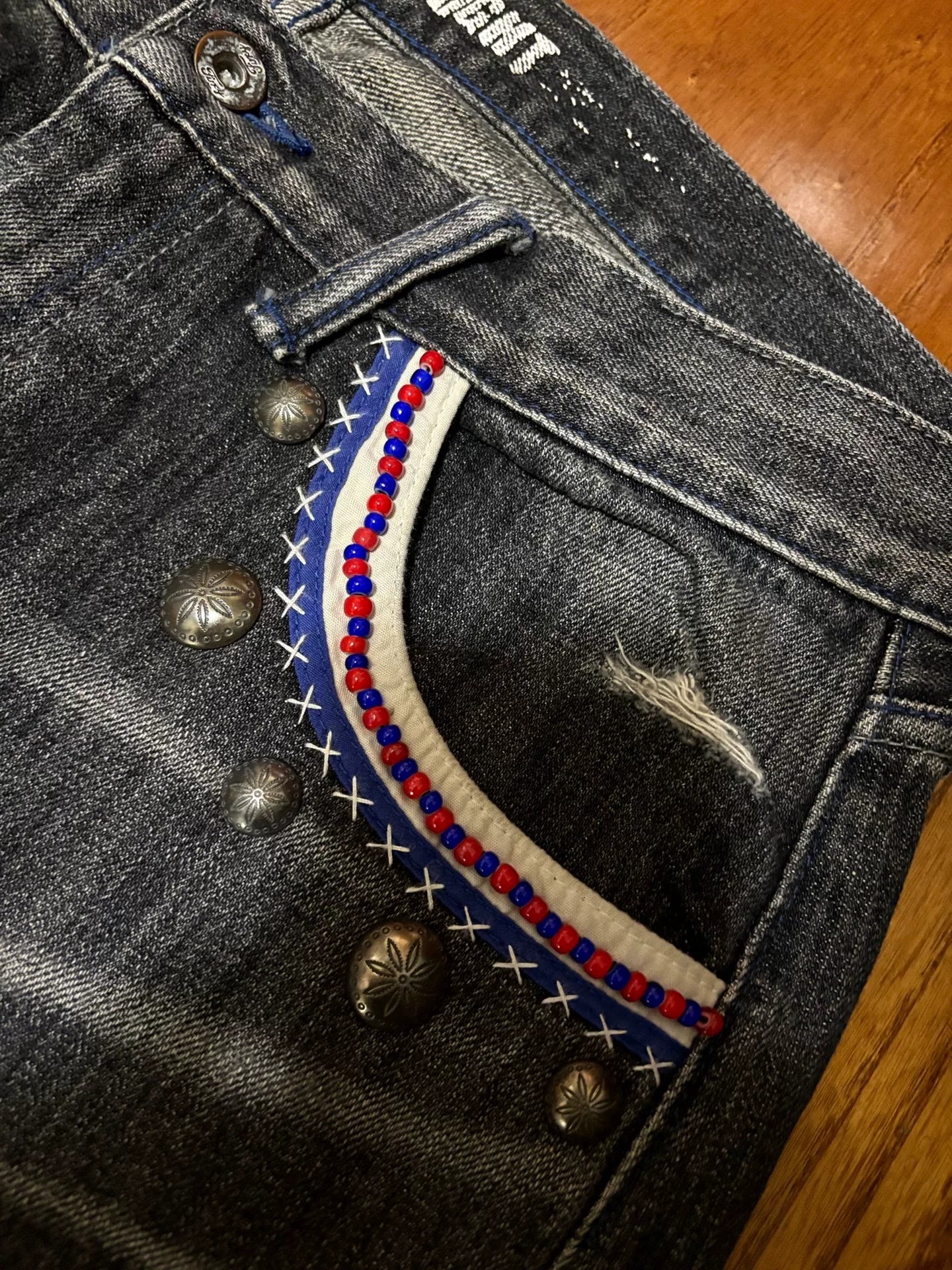 vintage black denim jeans with embellishments