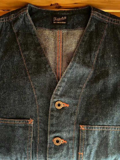 denim work vest with copper buttons