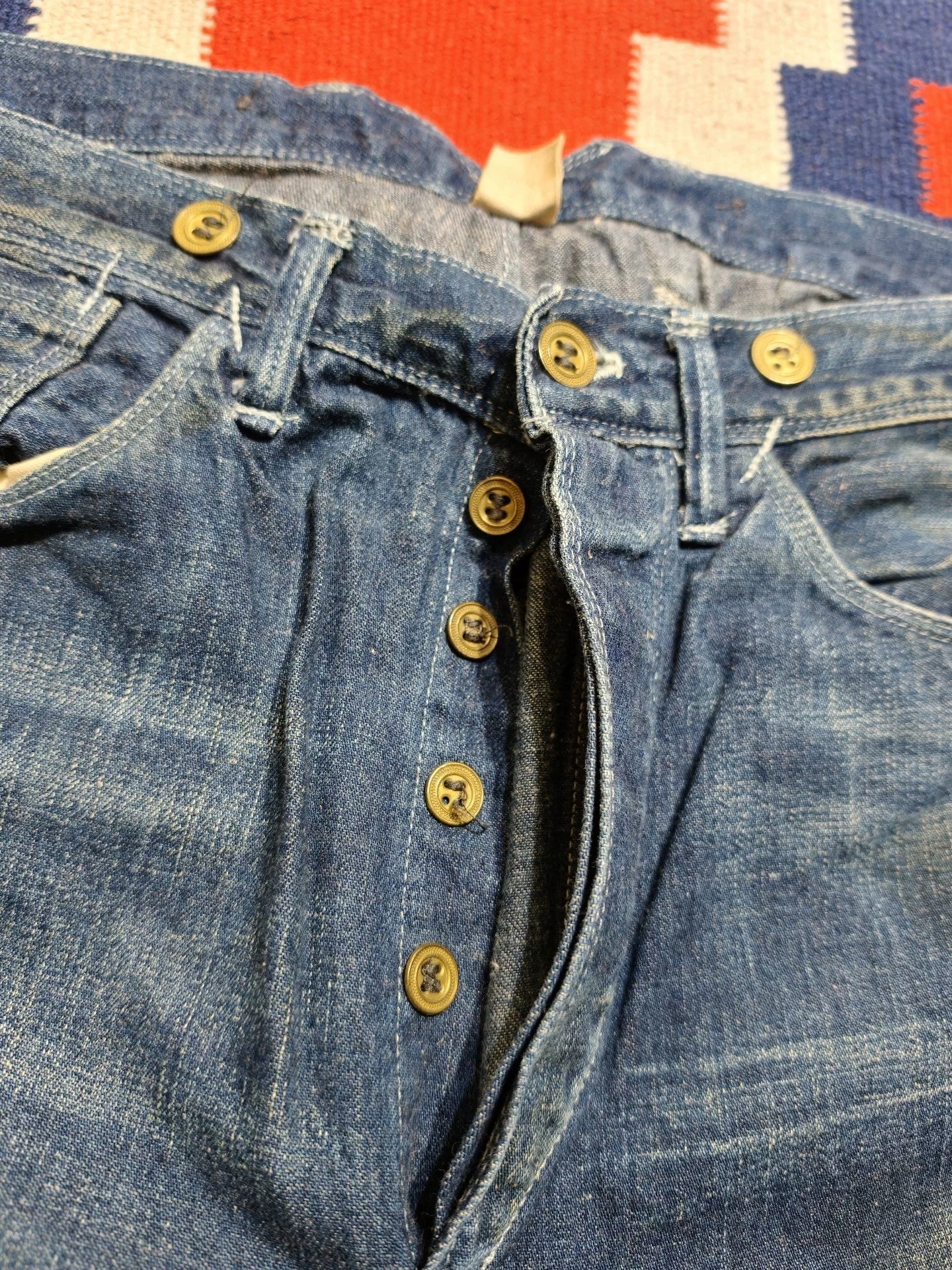 RRL Washed Distressed Gold Button Jeans