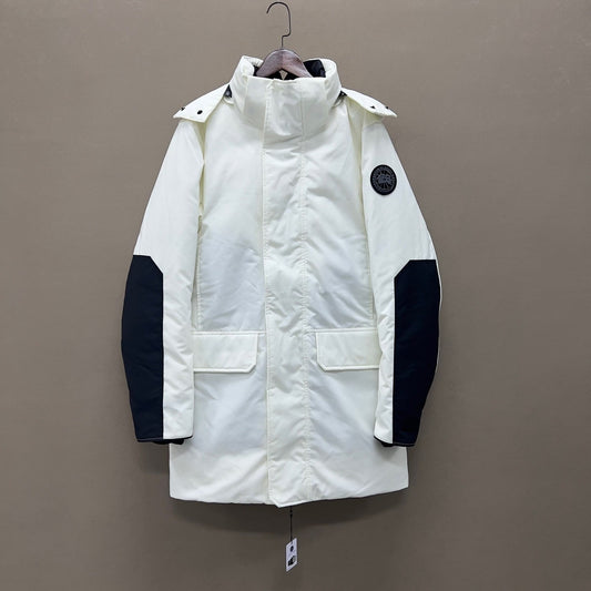 white long parka with black accents