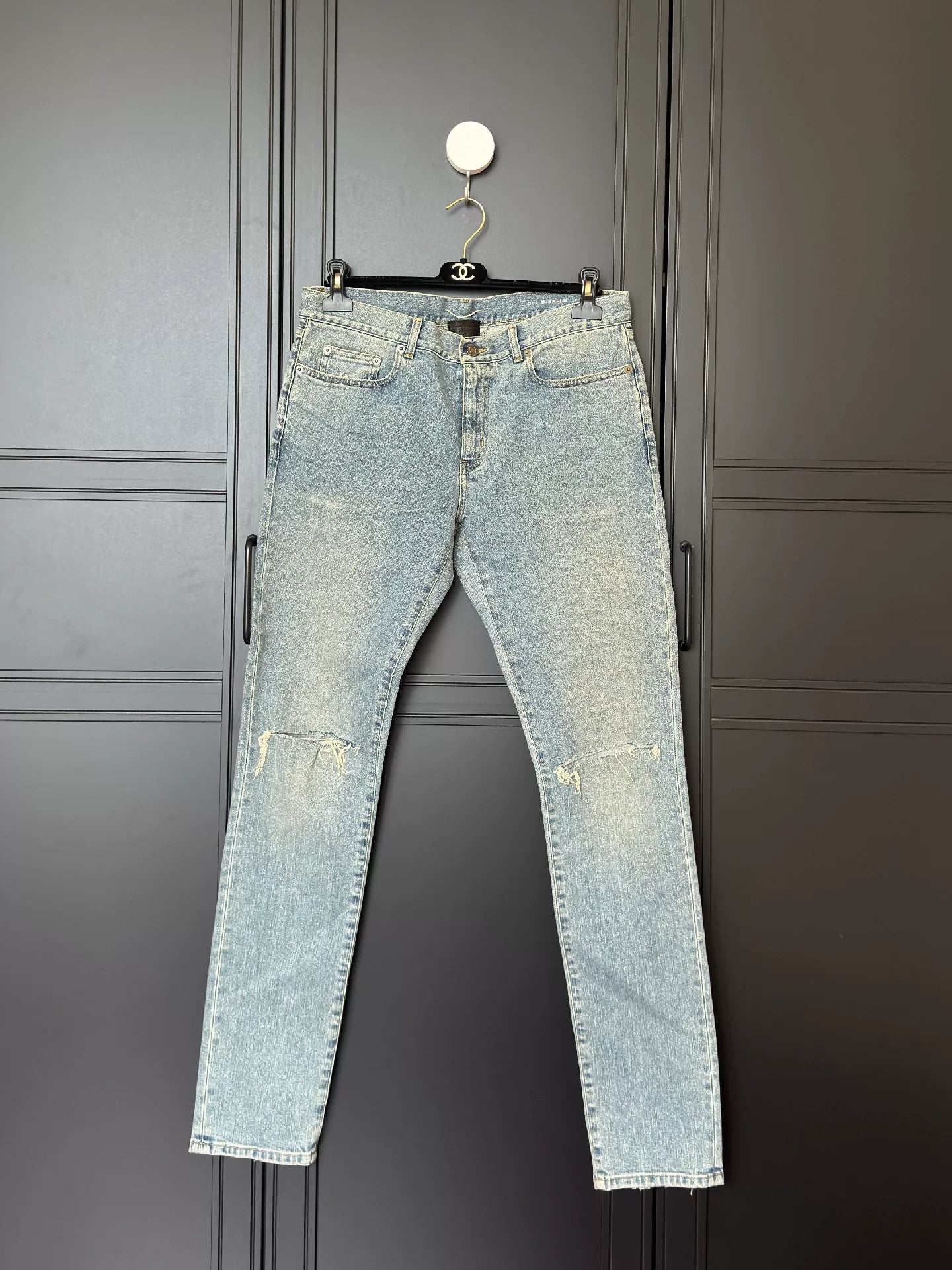 YSL Men's Washed Blue Ripped Jeans
