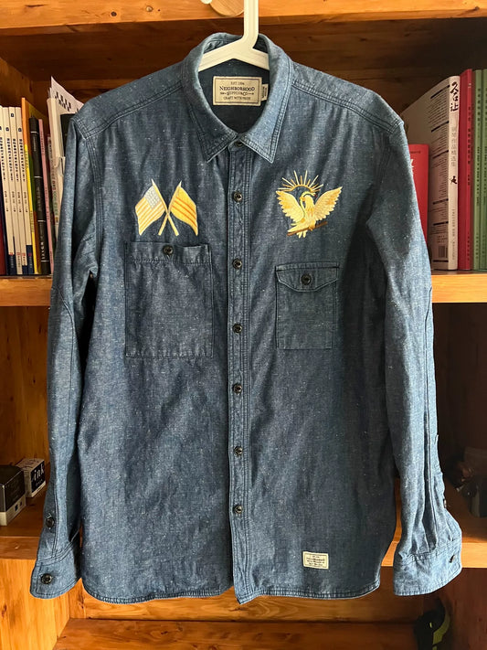 premium blue denim embroidered utility shirt