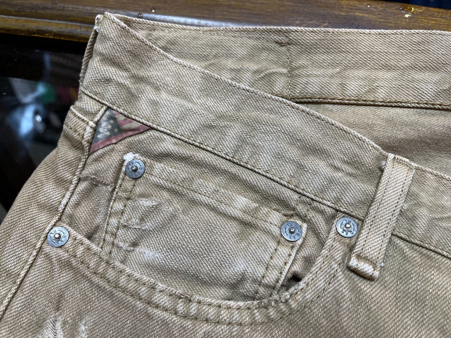 rrl distressed beige denim pants by Ralph Lauren