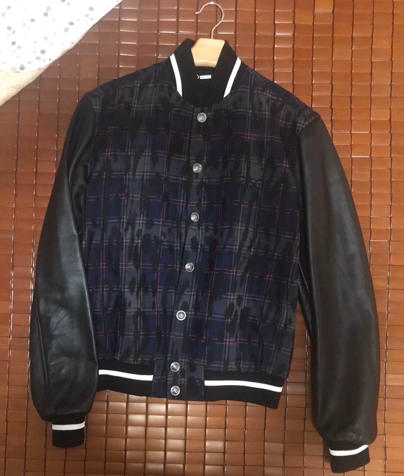Versace Blue Plaid Leather Sleeve Jacket
