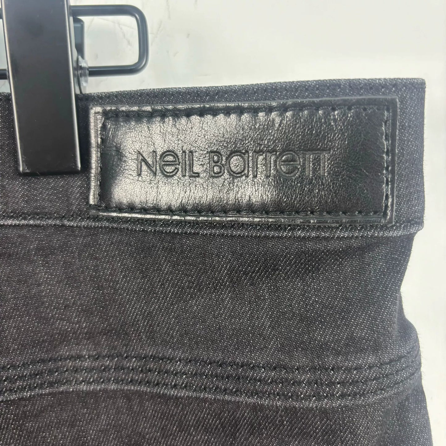 black leather patched denim pants by neil barrett
