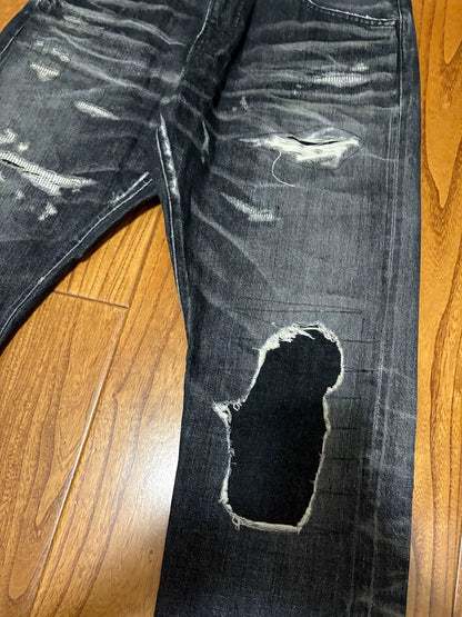 sequel fragment denim pants with distressing