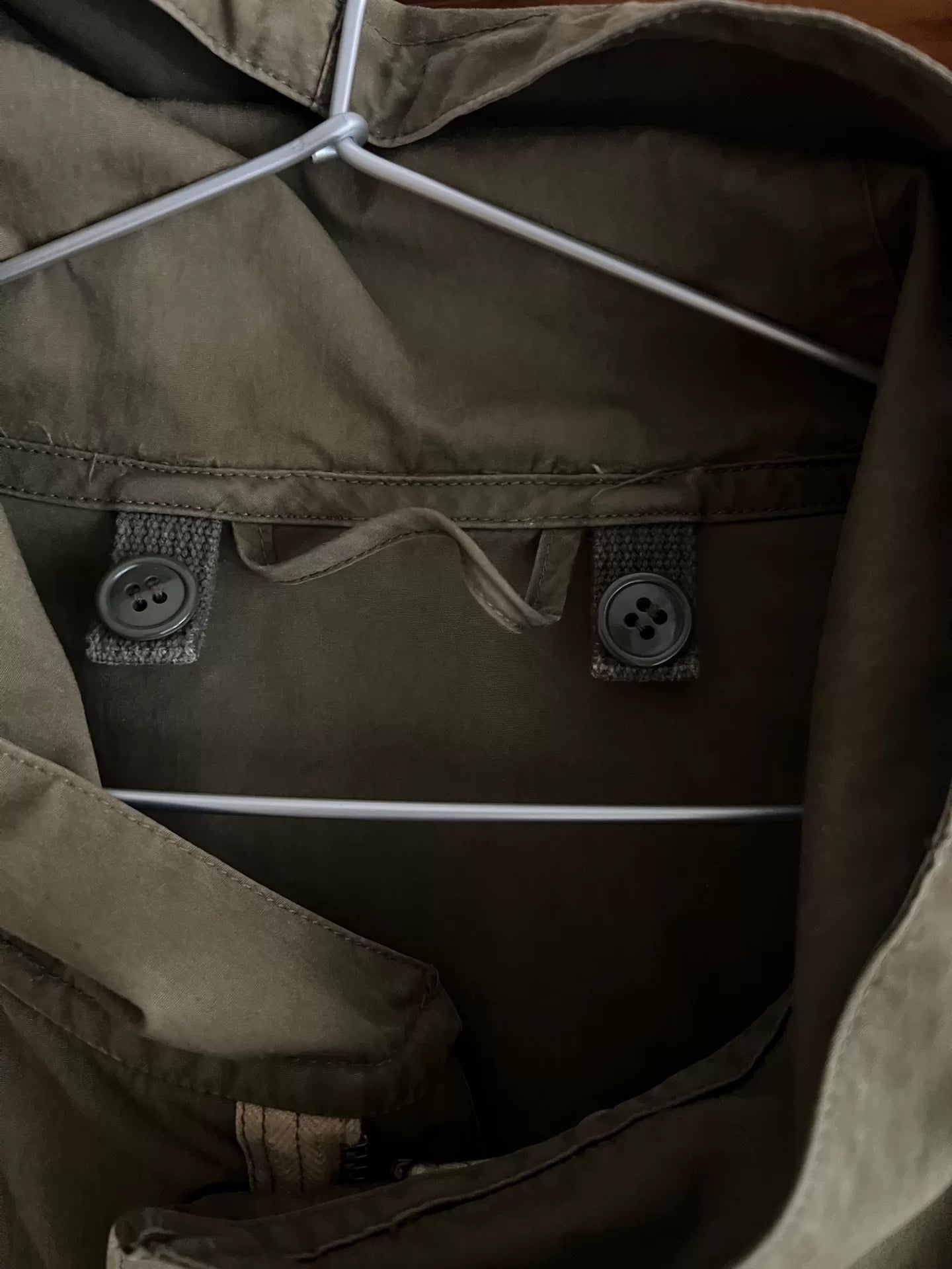 military-style hooded trench coat in olive green