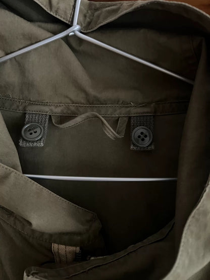 military-style hooded trench coat in olive green