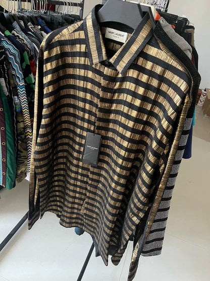 Saint Laurent Runway Black Gold Striped Silk Shirt