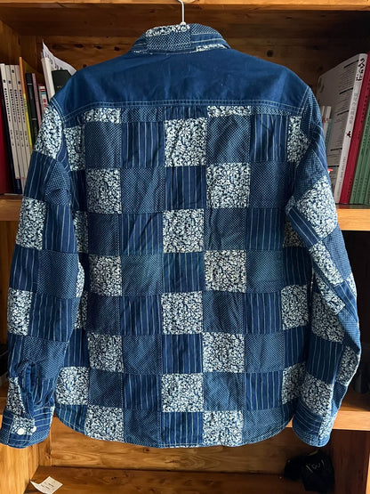 blue patchwork shirt with traditional dyeing