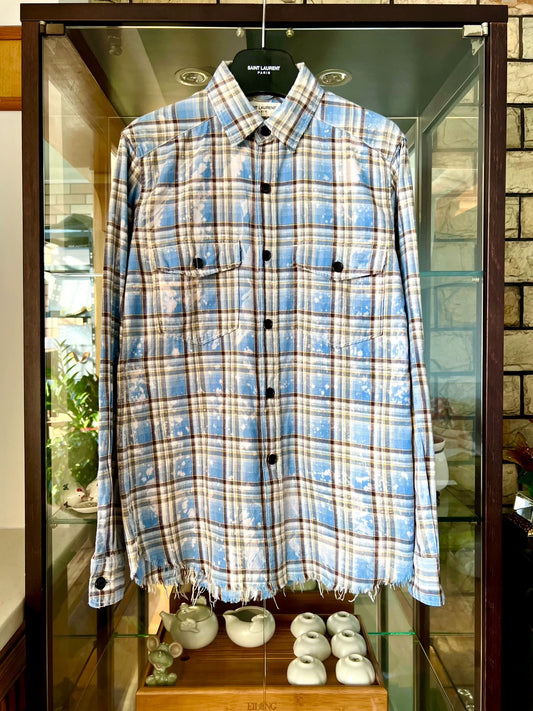 saint laurent blue distressed button-up shirt