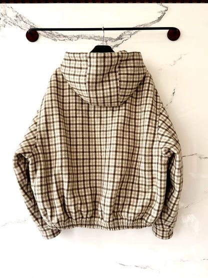 miumiu checked hooded zip-up jacket