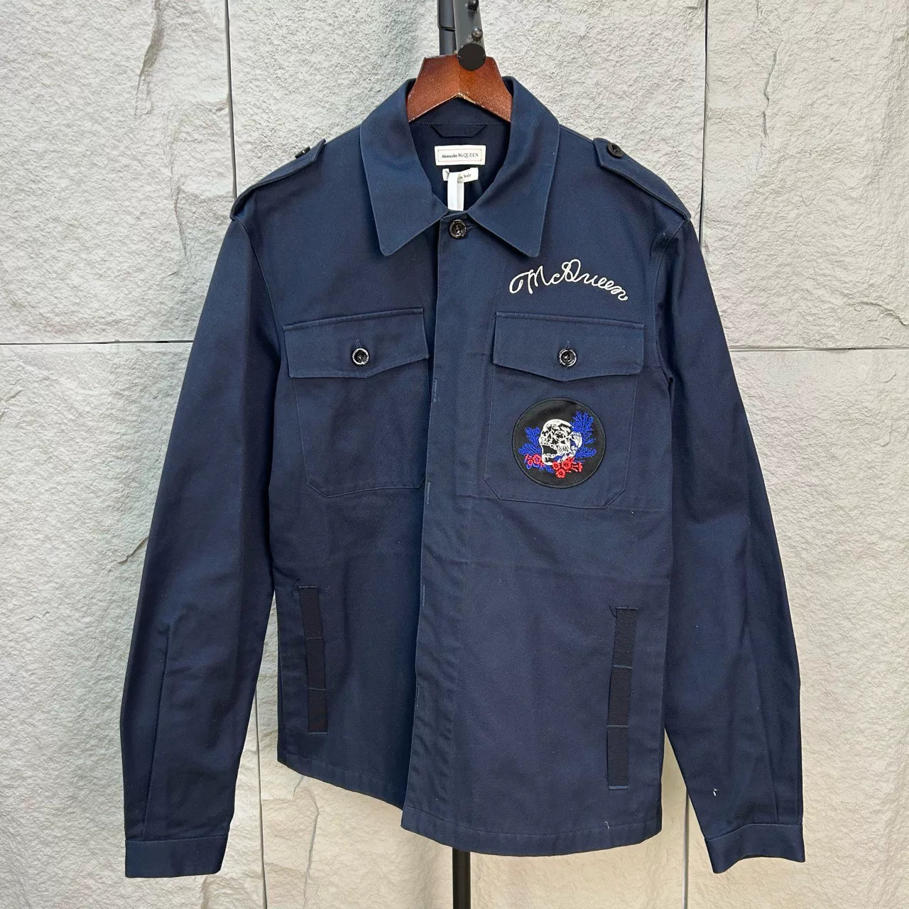 alexander mcqueen deep blue skull embroidered jacket