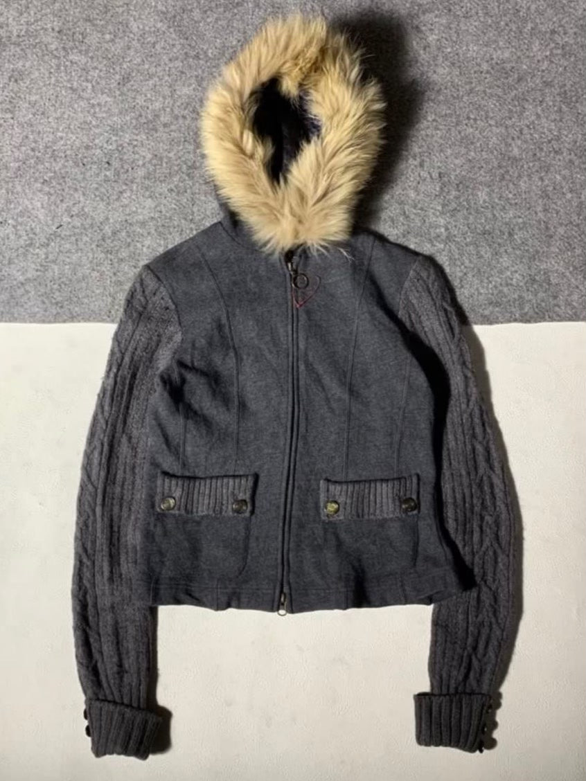 Comme ca du mode Knit Fur Collar Jacket