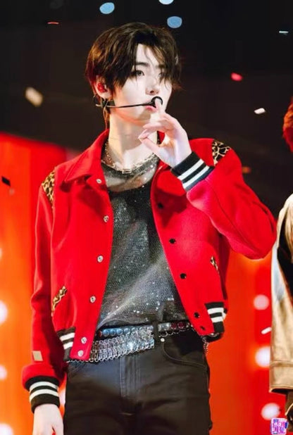 Saint Laurent Red Leopard Wool Varsity Jacket