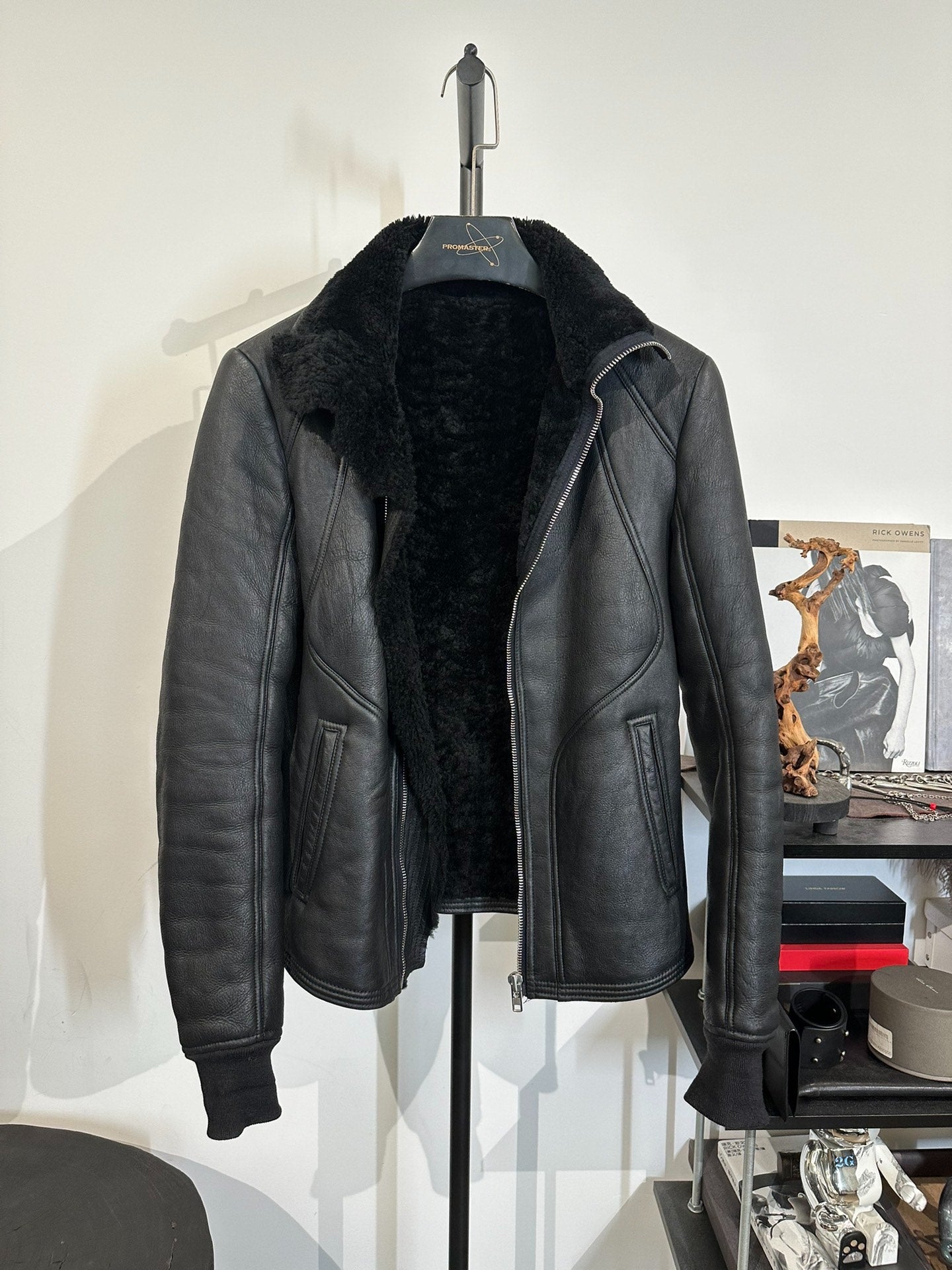 Rick Owens Fur Leather Stand-Collar Jacket