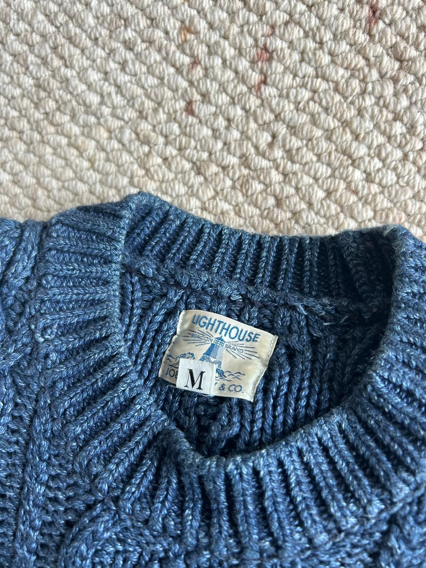indigo aran crewneck sweater and hat set