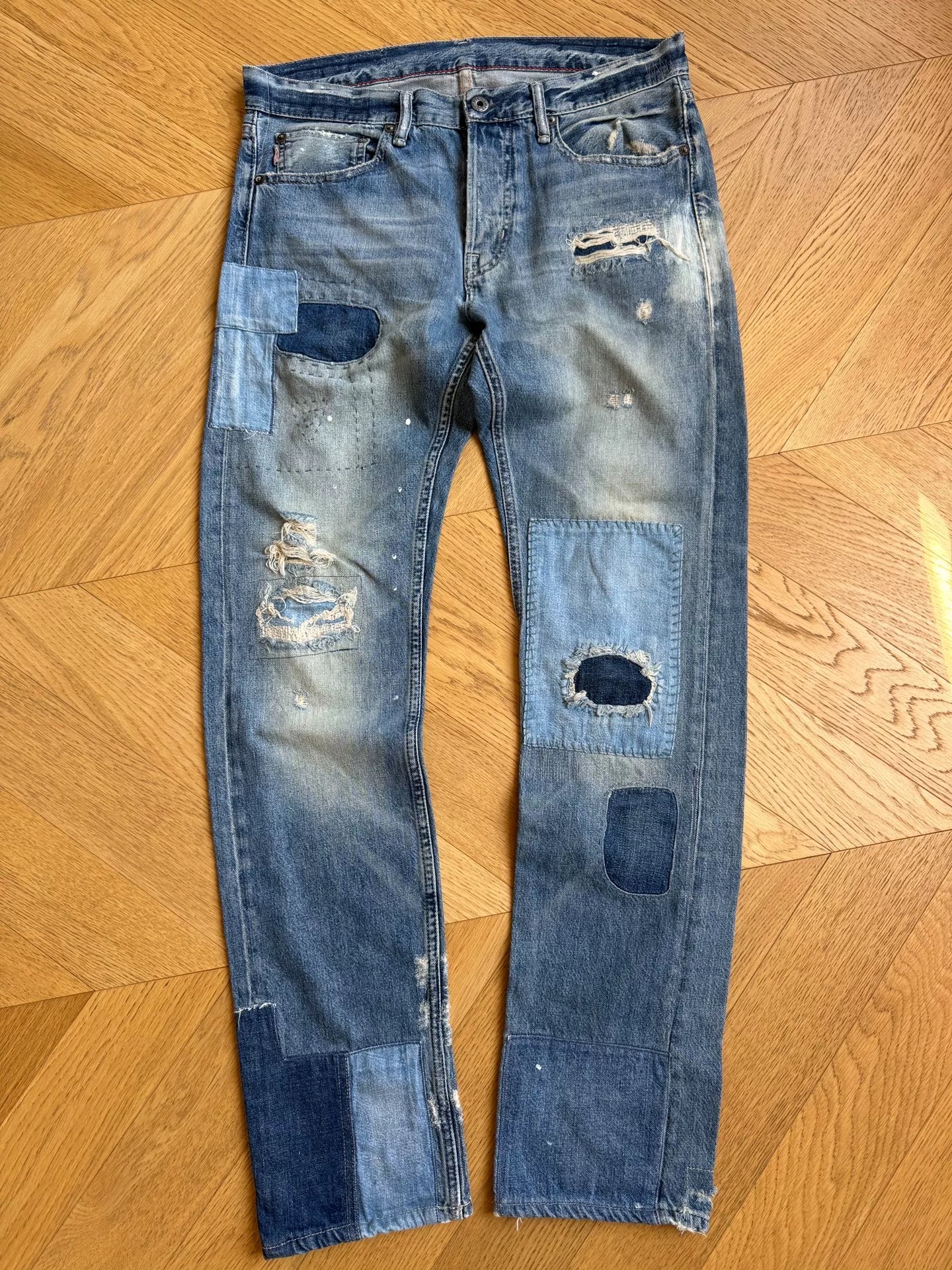 Vintage Wash Patchwork Denim Jeans