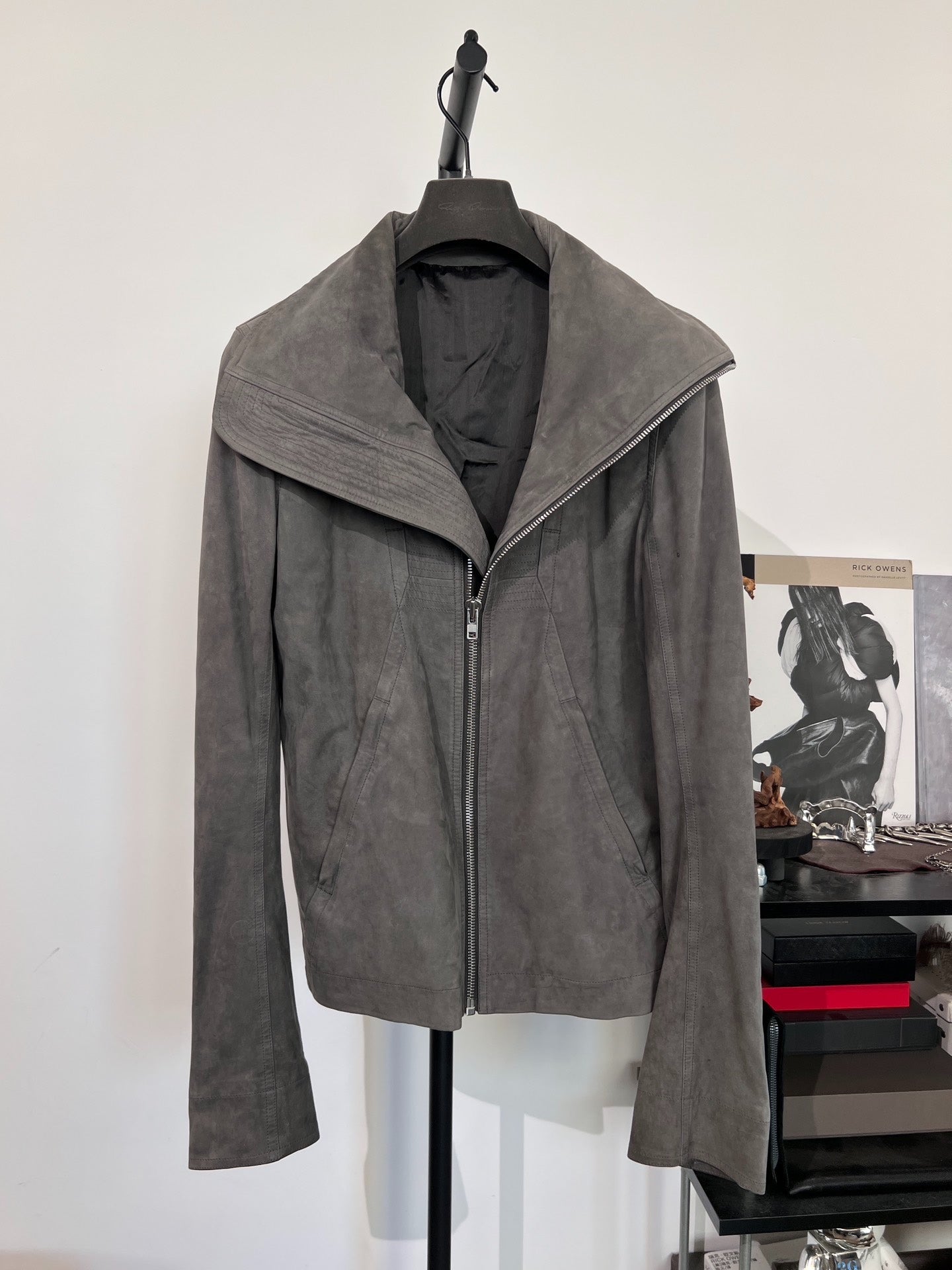 Rick Owens Suede Stand Collar Leather Jacket 48